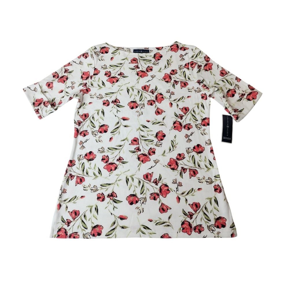 Karen Scott Boat Neck Tunic S Coral Peony Short Sleeve Garden Party Cottagecore